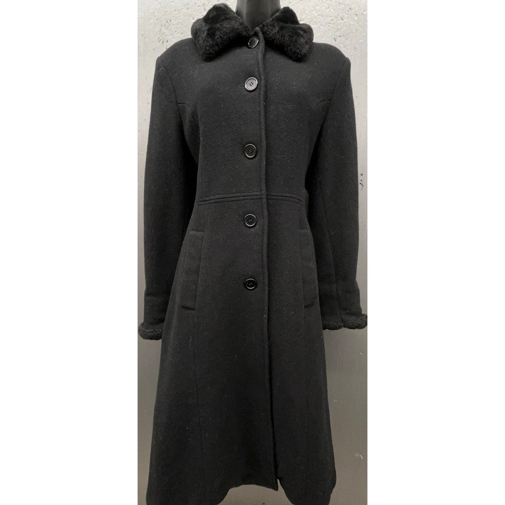 Vtg Donnybrook Wool Coat‎ 8 Black Faux Fur Collar Pockets Old Money Quiet Luxury